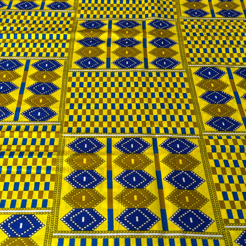 Patterned fabric with blue and yellow geometric design