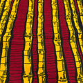 Patterned fabric with red and yellow stripes on a black background
