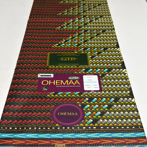 Colorful woven fabric with 'GTP' and 'OHEMAA' branding on a white background