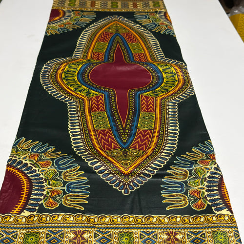 Colorful African print fabric with intricate patterns on a white background