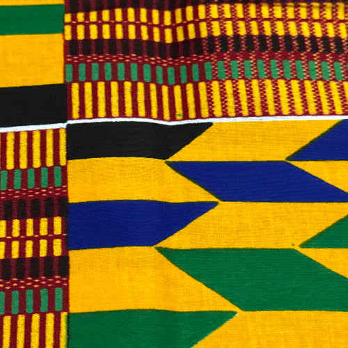 Colorful geometric patterned fabric with yellow, green, blue, and red colors.