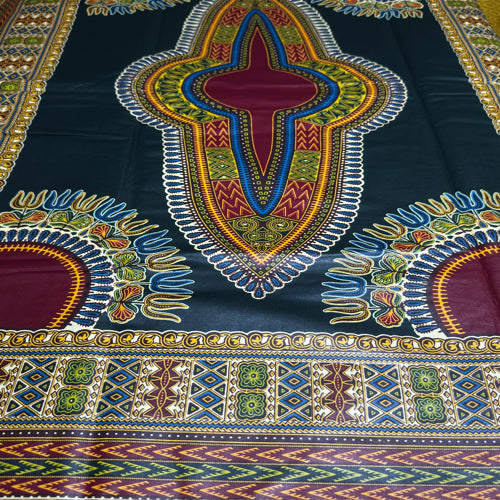 Colorful traditional fabric with intricate patterns on a dark blue background