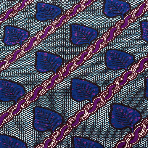 African print fabric with blue leaf patterns and purple braided design on a gray background