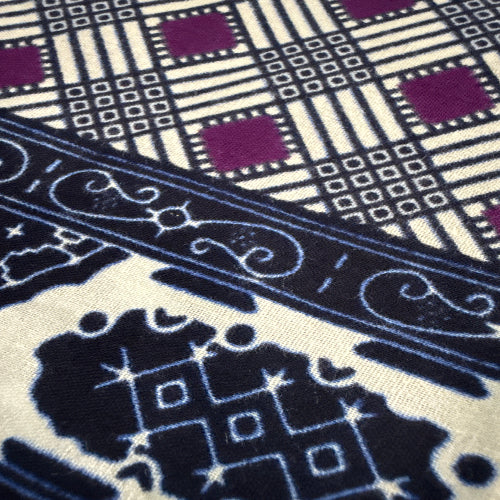 Close-up of patterned fabric with geometric and floral designs.