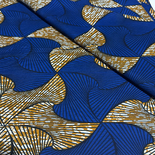 Patterned fabric with blue and gold geometric design
