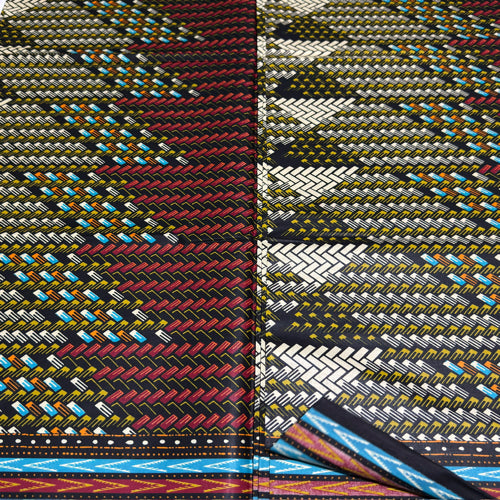 Woven fabric with multicolor pattern on a black background