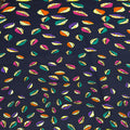 Colorful leaf pattern on a dark blue fabric background