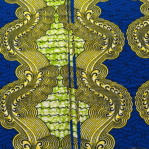 Decorative fabric with gold and blue wave patterns on a blue background