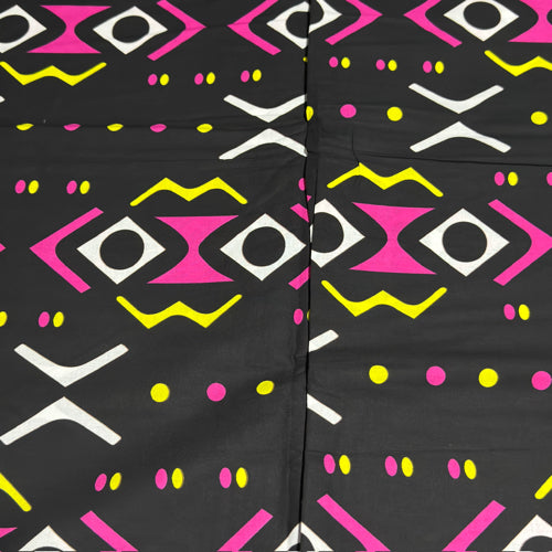 Black fabric with colorful geometric pattern