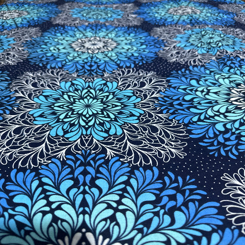 Blue and black floral pattern on a dark blue background