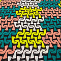 Patterned fabric with wavy lines in green, pink, white, and yellow on a black background