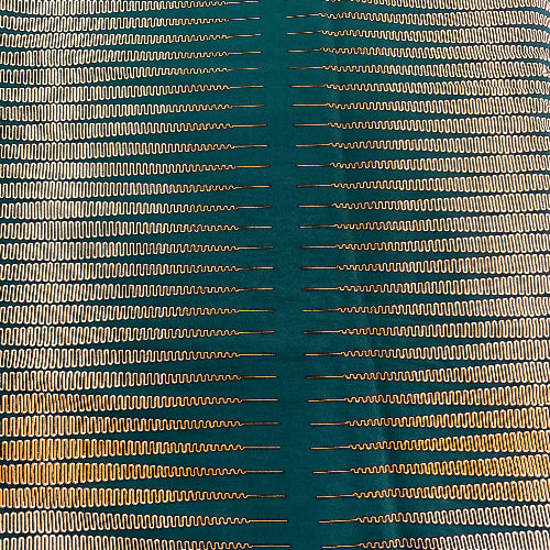 Textured fabric with vertical gold and silver stripes on a teal background