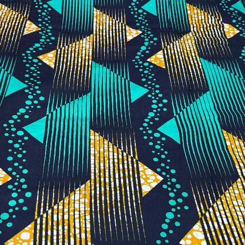 Geometric pattern with triangles and lines in blue, yellow, and black on a dark background