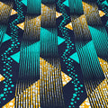 Geometric pattern with triangles and lines in blue, yellow, and black on a dark background