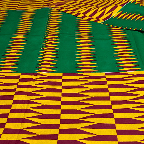 Patterned fabric with green, yellow, and red colors