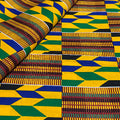 Colorful geometric patterned fabric with a mix of yellow, green, blue, and brown.
