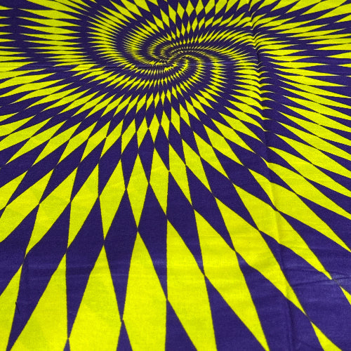Op art design with yellow and purple spiral pattern