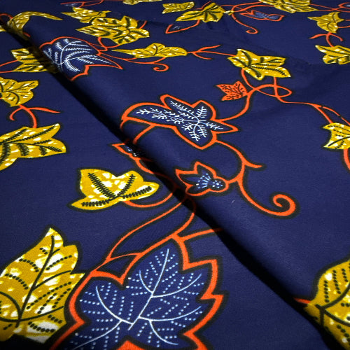 Navy blue fabric with colorful floral patterns