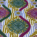 Colorful patterned fabric with geometric shapes and floral elements.