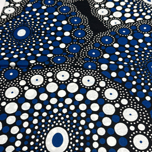 Pattern of blue and white circles on a black background