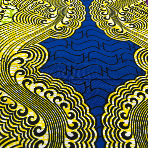 Decorative fabric with blue and yellow wave patterns