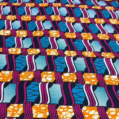 Colorful patterned fabric with blue, orange, and purple design