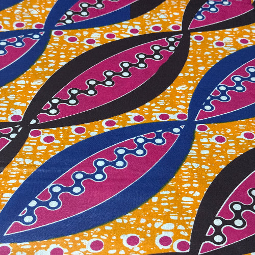 Close-up of a vibrant fabric pattern with purple and blue leaves on a yellow background