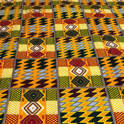 Patterned fabric with geometric designs in yellow, brown, and black.