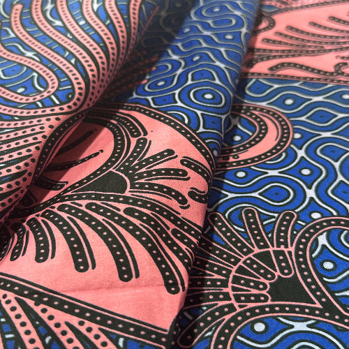 Close-up of fabric with pink, blue, and black abstract patterns