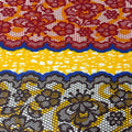Three different patterns of lace fabric on a yellow background