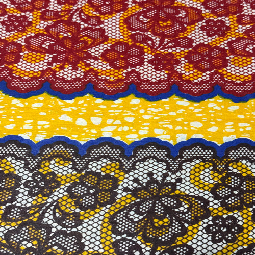 Three different patterns of lace fabric on a yellow background