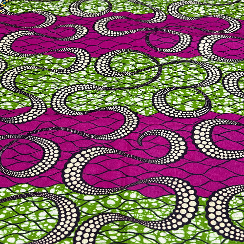 Patterned fabric with purple, green, and black design