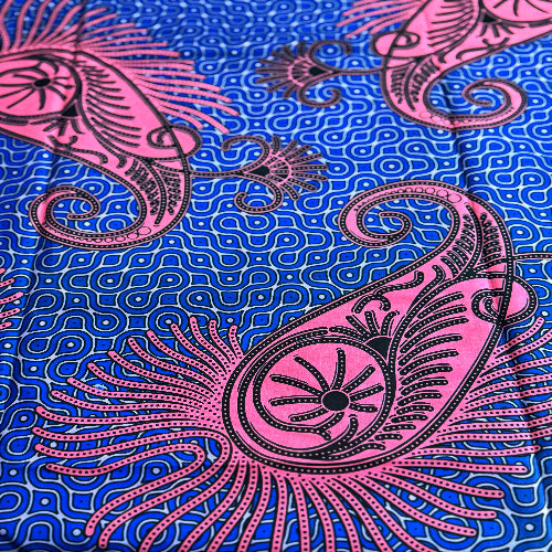 Pink paisley design on a blue patterned background