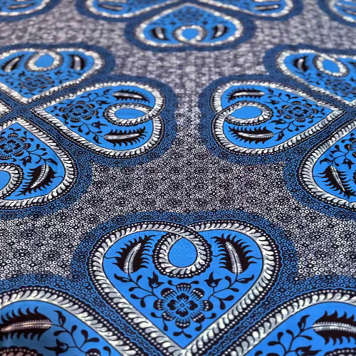 Close-up of blue and gray patterned fabric