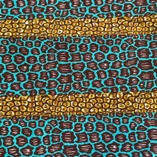 Patterned fabric with brown and yellow shapes on a blue background