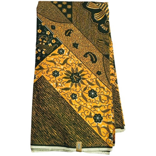 Decorative fabric with black and gold patterns on a white background