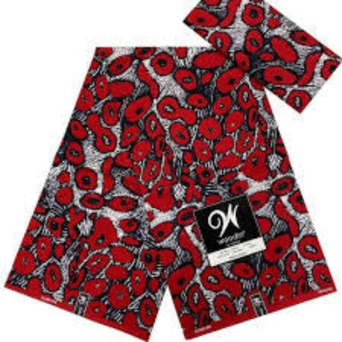 Red and black patterned fabric with a brand label on a white background