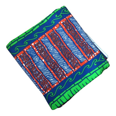 Colorful fabric with blue, green, and red patterns on a white background