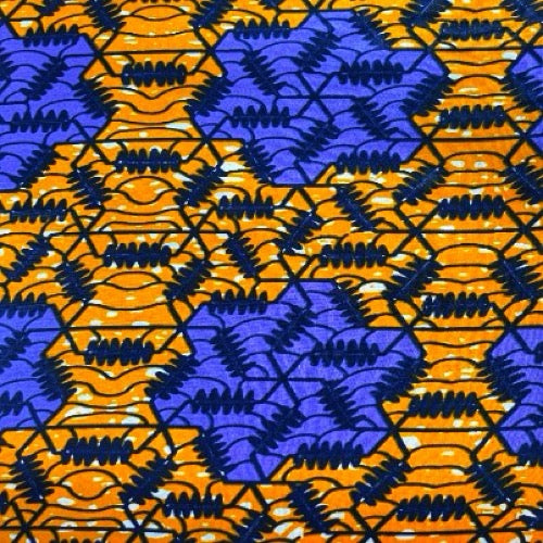 Patterned fabric with blue and orange design