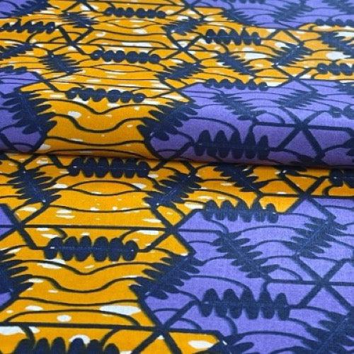 Patterned fabric with blue, yellow, and purple colors