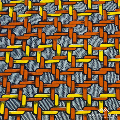 Woven pattern with orange, yellow, and gray colors on a textured background