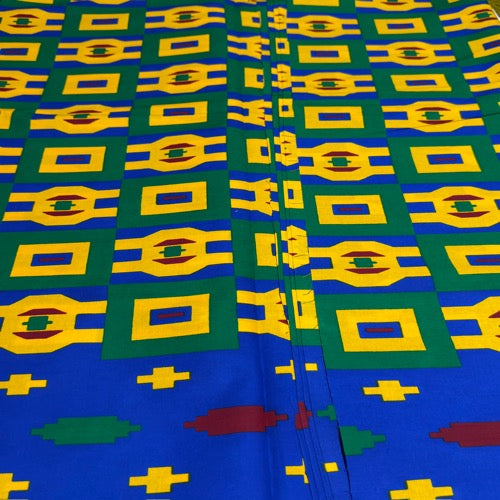 Colorful fabric with geometric pattern on a blue background
