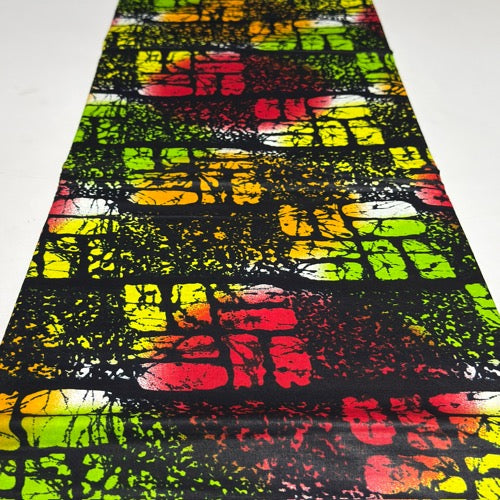 Colorful patterned fabric with black background