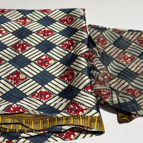 Stack of patterned fabric with geometric and floral designs on a white background