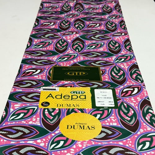Colorful fabric with a pattern and visible branding on a white background