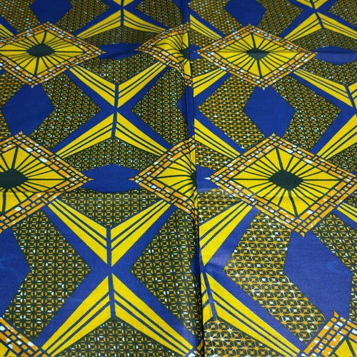 Patterned fabric with blue and yellow geometric design