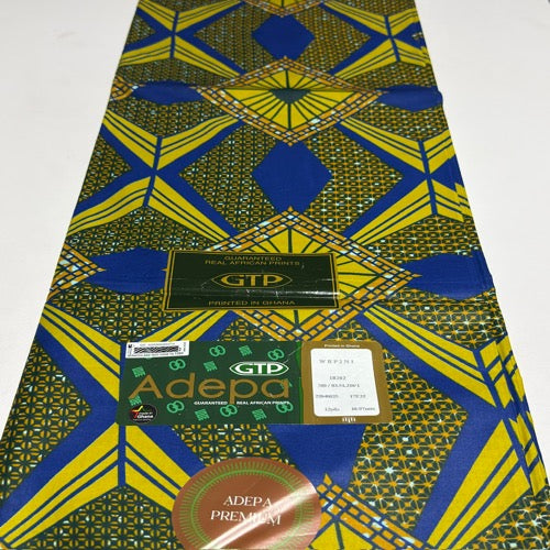 African print fabric with blue and yellow geometric pattern, featuring GTB Adepa branding.