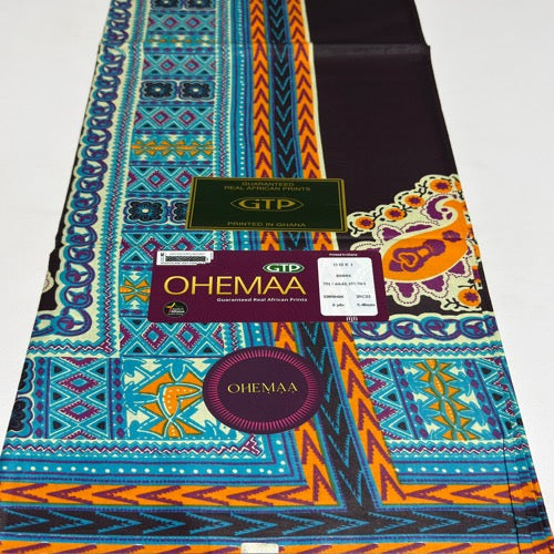 Colorful African print fabric with GTP and OHEMAA branding on a white background